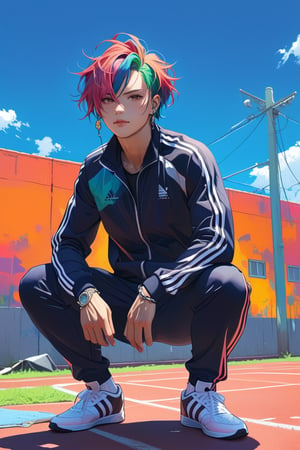 1man, slender and muscular,colorful hair, handsome, short hair, ear piercings, fierce, squat, track suit, looking off camera, sadistic mood,
masterpiece, best quality, aesthetic,emo,scenery, colorful background,Gopn1k
