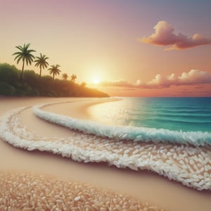 a beautiful landscape of a beach with styr sand, sunset, waves, realistic, seaside