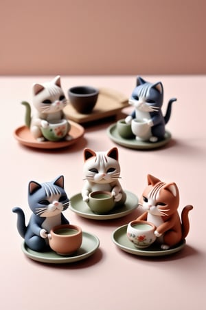 Prompt: A Collage of 3d miniature polymer clay figurines of cute Japanese cats drinking Japanese tea, muted colors, in the style of arr & emotions, 