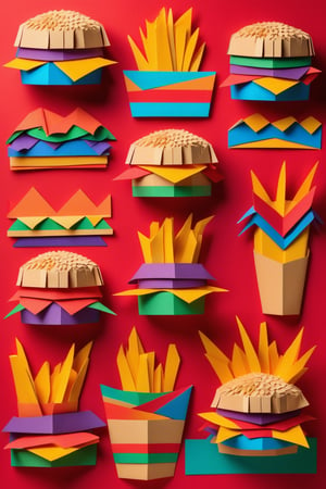 A Collage of 3d paper origami art of hamburgers, pop art inspiration, french fries, bold color tones, in the style of arr & emotions, vibrant colors