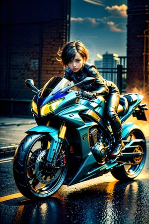 (masterpiece, best quality:1.3), photorealistic, raw photo,1 girl, young woman riding a motorcycle, solo, punk fashion, short hair, piercings, natural light,  high-resolution,  high contrast, realistic style, HDR, 8k, detailed background, realistic, motorcycle,Kawasaki Ninja 500,ftsbk