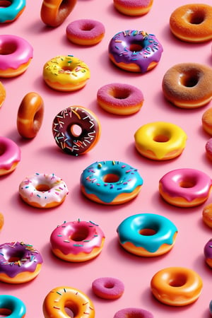A Collage of 3d miniature glass figurines of donuts, creative food styling inspiration, vivid colors, in the style of arr & emotions, 
