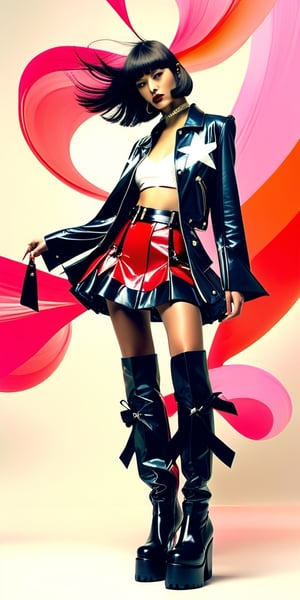(fashion illustration:1.3) Haute couture, no particular features, of (Japanese harajuku style fashion: 1.3) suit jacket with leather skirt and boots, dynamic dancing pose || in the style of Izumi Kogahara  ||, (long shot: 1.2) (frutiger style:1.3), (colorful:1.3), (2004 aesthetics:1.2).  X, swirls, \(symbol\), (gradient background:1.3). Saturated colors, tonal transitions, detailed, minimalistic, concept art, intricate detail, World character design, high-energy, concept art, Masterpiece, Fashion Illustration,iconic, PoP art,more detail XL, intricate colors blend, photorealism,in the style of esao andrews