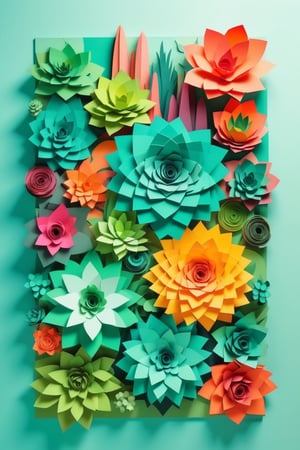 A Collage of 3d paper art of succulents, pop art inspiration, nature elements, summer color tones, in the style of arr & emotions, vibrant colors