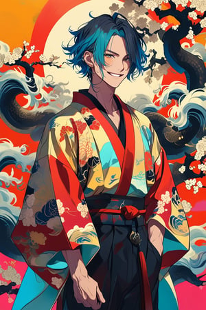 1man, cowboy shot, slender and muscular,colorful hair, handsome, short hair, ear piercings, grinning, dynamic pose, gosurori, kimono, looking off camera, sadistic mood,
masterpiece, best quality, aesthetic,emo,scenery, colorful background