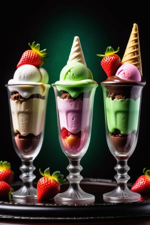Prompt: A Collage of 3d miniature glass figurines of delicious ice cream parfaits, of different flavors like strawberries, green tea, chocolate, on a dark victorian table, food photography, vivid colors, in the style of arr & emotions