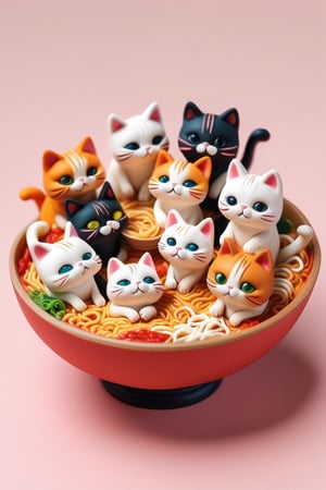 Prompt: A Collage of 3d miniature polymer clay figurines of cute Japanese cats gathering around a giant bowl of ramen, saturated colors, in the style of arr & emotions, 