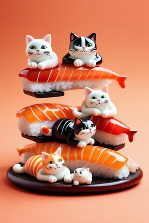 Prompt: A Collage of 3d miniature glass figurines of cats lying on pieces of giant sushi, warm colors, in the style of arr & emotions