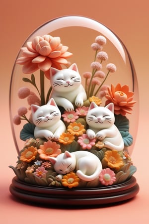 Prompt: A Collage of 3d miniature glass figurines of cute Japanese cats sleeping on giant flowers, warm colors, in the style of arr & emotions, 