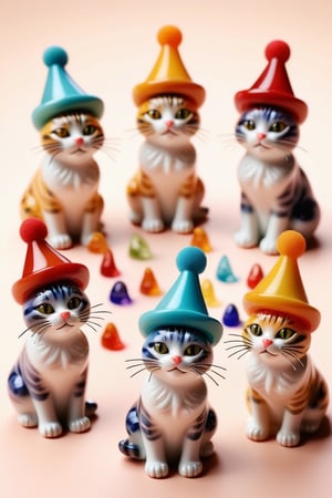 A Collage of 3d miniature glass figurines of cats wearing colorful hats, sitting in a circle, warm colors, in the style of arr & emotions, 
