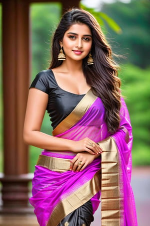  photo of young ,beautiful ,hot ,26 year old girl, fair skin,long black frizzy hair,instagram model,curvy body , brown eyes, wearing Indian banarasi saree, small earrings , no smile 