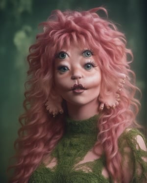 a woman with long pink hair, pink gas tour concert background wearing a moss outfit, waist up, detailed face, orchid green, curly hair