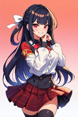 (Masterpiece,Top quality, Best Quality, highly detailed, 1girls, solo, long hair, looking at viewer, smile, bangs, skirt, black hair, red eyes, thighhighs, long sleeves, ribbon, hair ribbon, braid, frills, teeth, blunt bangs, grin, gradient, plaid, gradient background, plaid skirt, sharp teeth, frilled sleeves, white ribbon, hands on own face,Colors