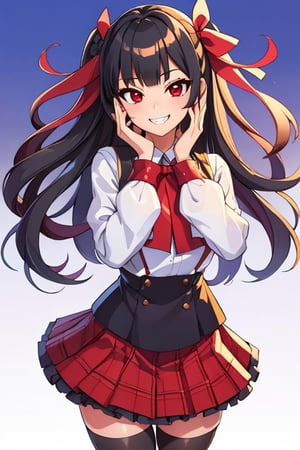 (Masterpiece,Top quality, Best Quality, highly detailed, 1girls, solo, long hair, looking at viewer, smile, bangs, skirt, black hair, red eyes, thighhighs, long sleeves, ribbon, hair ribbon, braid, frills, teeth, blunt bangs, grin, gradient, plaid, gradient background, plaid skirt, sharp teeth, frilled sleeves, white ribbon, hands on own face,Colors
