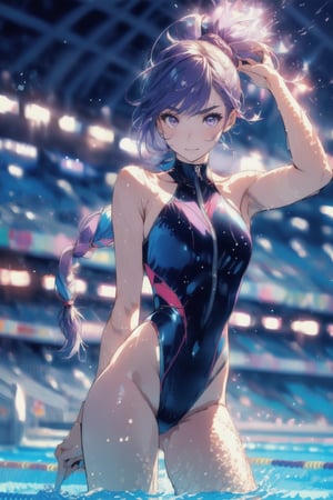 Paris Olympics, (((swimming))), beautiful anime style woman, (single), 1 girl, (one braid), purple hair, (long hair), thin, skinny, (turime), with eyebrows outlined, wearing tight swimming sportswear, tight swimwear, dynamic pose, motion blur, sweat, emphasis line, sparks, plasma, aura, olympic stadium, outdoor pool,