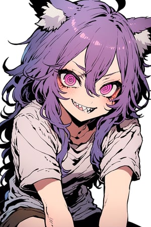 (by ssambatea:1.3), by rjsn, general, 1girl, @_@, ahoge, wolf ears, blue eyes, purple hair, dark hair, blushing, smile, wolf ears, horse girl, long hair, looking at viewer , faded hair, streaked lips, pink eyes, sharp teeth, short sleeve, simple background, sitting, smile, alone, teeth, white background, masterpiece, best quality, very aesthetic, absurd, ultra detailed,