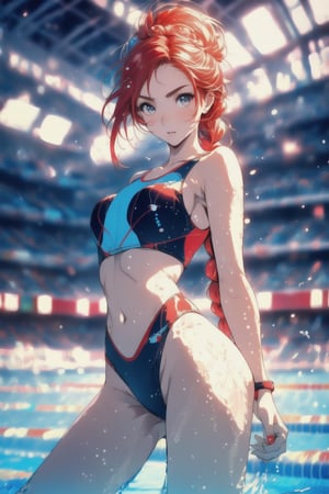 Paris Olympics, (((swimming))), beautiful anime style woman, (single), 1 girl, (one braid), red hair, (long hair), thin, skinny, (turime), with eyebrows outlined, wearing tight swimming sportswear, tight swimwear, dynamic pose, motion blur, sweat, emphasis line, sparks, plasma, aura, olympic stadium, outdoor pool,