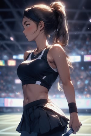 Paris Olympics, (((tennis))), anime-style beautiful woman, (single), 1 girl, (ponytail), light hair, (long hair), thin, skinny, (turime), with outlined eyebrows , wearing tight black tennis sportswear, tennis uniform, low waisted pants, lace tube top, dynamic pose, motion blur, sweat, emphasis line, sparks, plasma, aura, Olympic Stadium, outdoor tennis court outdoors,