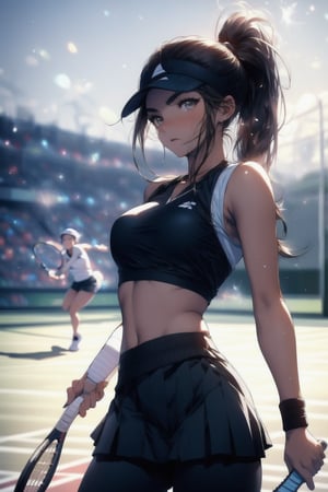 Paris Olympics, (((tennis))), anime-style beautiful woman, (single), 1 girl, (ponytail), light hair, (long hair), thin, skinny, (turime), with outlined eyebrows , wearing tight black tennis sportswear, tennis uniform, low waisted pants, lace tube top, dynamic pose, motion blur, sweat, emphasis line, sparks, plasma, aura, Olympic Stadium, outdoor tennis court outdoors,