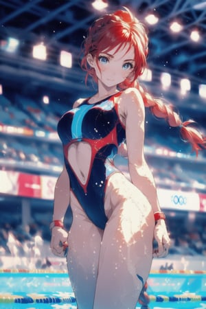 Paris Olympics, (((swimming))), beautiful anime style woman, (single), 1 girl, (one braid), red hair, (long hair), thin, skinny, (turime), with eyebrows outlined, wearing tight swimming sportswear, tight swimwear, dynamic pose, motion blur, sweat, emphasis line, sparks, plasma, aura, olympic stadium, outdoor pool,