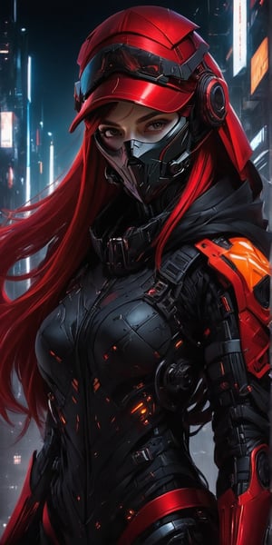 1 girl, alone, looking at viewer, long hair, dark hair, red hair, hat, jacket, upper body, hood, orange eyes, mask, helmet, mouth mask, red hat, black and red theme, cyberpunk, LegendDarkFantasy