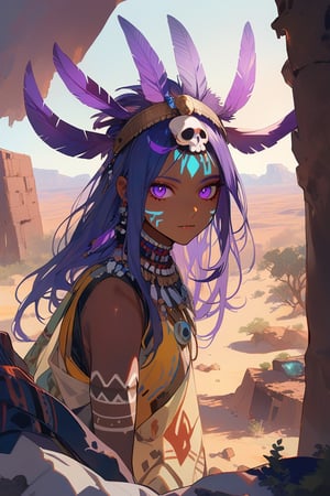 (by aburaeoyaji:1.3), (by ciloranko:1.2), (by sudach_koppe:1.1), general, desert ruins background, 1 girl, shaman, wearing a headdress, detailed facial features, purple feathers on the head, tribal markings facial, skull animal, cinematographic photography, masterpiece, best quality, very aesthetic, absurd, ultra detailed,