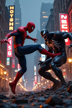 A dynamic action scene featuring Spider-Man in a fierce battle with Venom, the symbiote villain. Spider-Man is mid-air, performing a high-flying kick towards Venom, who is crouched low, ready to counter. The background is a chaotic urban environment with skyscrapers and neon lights. The lighting is dramatic, with sharp contrasts between the dark shadows of the night and the bright neon signs. The composition is dynamic, capturing the intense moment of the clash between the two characters.