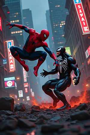 A dynamic action scene featuring Spider-Man in a fierce battle with Venom, the symbiote villain. Spider-Man is mid-air, performing a high-flying kick towards Venom, who is crouched low, ready to counter. The background is a chaotic urban environment with skyscrapers and neon lights. The lighting is dramatic, with sharp contrasts between the dark shadows of the night and the bright neon signs. The composition is dynamic, capturing the intense moment of the clash between the two characters.