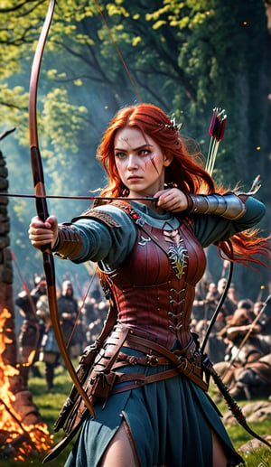 epic composition, cinematic lighting, masterpiece, a medieval girl archer demon slayer, without bow only a quiver must be visible, red long hair, heterochromia eyes, dynamic action pose, frontal shot, medieval war background, full body portrait, dim volumetric lighting, 8k octane beautifully detailed render, intricate, stunning Detailed matte painting, deep color, fantastical, intricate detail, complementary colors, fantasy concept ,colorful ,color art,弓,color chaos