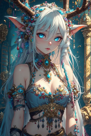 albino demon girl, (Long deer horn: 1.2) ,A shaman with deer antlers,(many ornaments hanging from the horn),crazy alternate hairstyle, amazingly intricately hair,colorful color hair, each braid painstakingly created,decorated with delicate accessories and beads,aesthetic,Beautiful Blue eyes, ,Rainbow haired girl ,dal-1, art nouveau,emo,1girl,Anime Style,ek_an1_b00ster