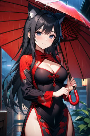 master piece, best quality, highly detailed, ultra detailed, extremely CG unity 8k wallpaper,1 woman, 22 years old, smile, cat ears, red Chinese dresses, pelvic curtain, long sleeves,black hair, long hair, cleavage cutout, rainy night, umbrella, ((hold an umbrella)),umbrella