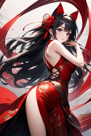 Ultra-detailed rendering of a stunning 22-year-old woman posing confidently in a vibrant red Chinese dress, her long black hair cascading down her back. Her bright smile showcases her cat ears, adding a whimsical touch to the overall composition. The pelvic curtain's intricate design and delicate folds are expertly rendered, drawing attention to the subject's striking figure. Shot from a slight angle, emphasizing the subject's curves and the dress's dramatic train, against a neutral background allowing the colors to pop. Extremely detailed CG artwork in Unity 8K resolution, perfect for a high-quality wallpaper.