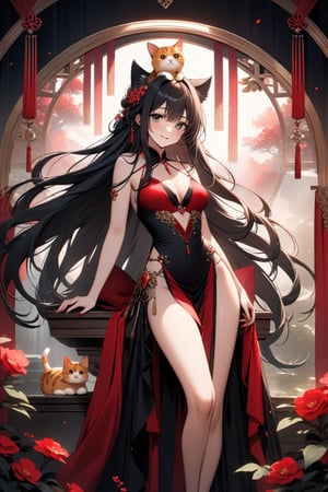 In a majestic 8K composition, a stunning 22-year-old woman with luscious black locks cascading down her back adorns the frame. She wears a vibrant red Chinese dress flowing elegantly around her legs, while cat ears perched atop her head add whimsical flair. Her enigmatic smile hints at secrets shared beneath her long hair's gentle curtain. The pelvic curtain flows like a waterfall of silk, emphasizing the beauty of this captivating scene set against a richly detailed background.