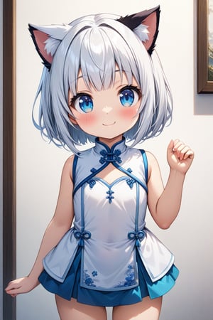 master piece, best quality, highly detailed, ultra detailed, more detail XL, extremely detailed CG unity 8k wallpaper, 
1 girl, cute, kawaii, 9 years old, cat ears, white hair, bob cut, blue eyes, smile, 
white Chinese dresses, micro skirt, looking at viewer ,