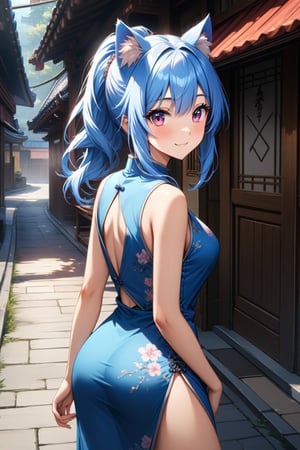 master piece, best quality, highly detailed, ultra detailed, more detail XL, extremely detailed CG unity 8k wallpaper, 
1 woman, 20 years old, cute, cat ears, pink eyes, blue hair, medium hair, ponytail, blue Chinese dresses, side slit dress, miniskirt, happy smile, morning, outdoor, walking on the street, from behind, looking at viewer, 