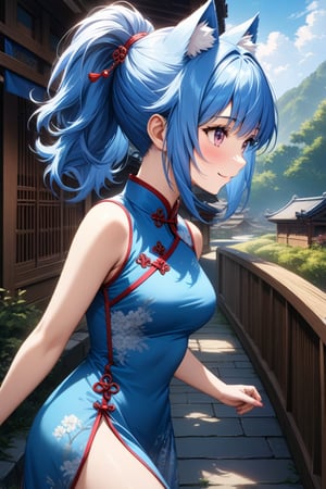 master piece, best quality, highly detailed, ultra detailed, more detail XL, extremely detailed CG unity 8k wallpaper, 
1 woman, 20 years old, cute, cat ears, pink eyes, blue hair, medium hair, ponytail, blue Chinese dresses, side slit dress, smile, morning, outdoor, walking, from side,