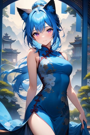 Vibrant blue fog envelops the serene landscape as a stunning 20-year-old woman poses in the foreground. Her adorable cat ears and piercing pink eyes captivate, while her vibrant blue hair flows down her back in a medium-length ponytail. The XL wallpaper-quality image showcases an intricate side slit Chinese dress in shades of blue, perfectly framing her youthful smile. In this ultra-detailed 8K masterpiece, every strand of hair and fold of fabric is meticulously rendered.