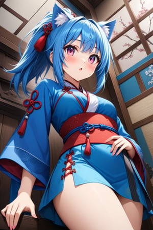 master piece, best quality, highly detailed, ultra detailed, more detail XL, extremely detailed CG unity 8k wallpaper, 
1 woman, 20 years old, cute, cat ears, pink eyes, blue hair, medium hair, ponytail, blue Chinese traditional clothes, microskirt, from below,