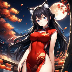 master piece, best quality, highly detailed, ultra detailed, more detail XL, extremely detailed CG unity 8k wallpaper, 
1 woman, 22 years old, smile, cat ears, red Chinese dresses, pelvic curtain,,black hair, long hair, 
night time, 
Mid-Autumn Harvest Moon, looking at the moon, 