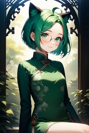 Ultra-detailed, master-piece quality CG artwork for an 8k wallpaper. A stunning 15-year-old girl sits elegantly in a serene environment, her bright green hair styled in a chic bob cut, forehead adorned with ahoge and round glasses framing her enchanting green eyes. Her smile radiates warmth as she dons a beautiful green Chinese dress with a side slit, accentuating her impressive bust. Feline features, including cat ears, add a whimsical touch to this meticulously crafted scene, set against a soft focus background allowing the subject's intricate details to shine.