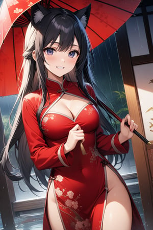 master piece, best quality, highly detailed, ultra detailed, extremely CG unity 8k wallpaper,1 woman, 22 years old, smile, cat ears, red Chinese dresses, pelvic curtain, long sleeves,black hair, long hair, cleavage cutout, rainy day,oriental_umbrella