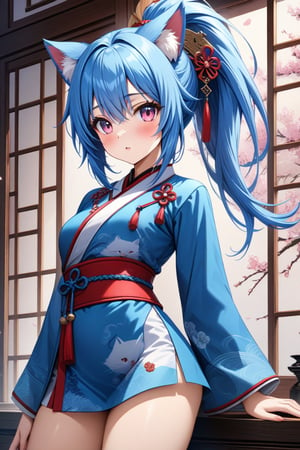 master piece, best quality, highly detailed, ultra detailed, more detail XL, extremely detailed CG unity 8k wallpaper, 
1 woman, 20 years old, cute, cat ears, pink eyes, blue hair, medium hair, ponytail, blue Chinese traditional clothes, microskirt, 