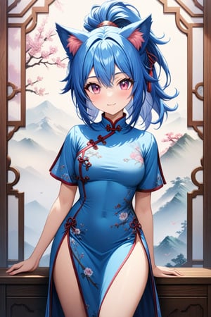 master piece, best quality, highly detailed, ultra detailed, more detail XL, extremely detailed CG unity 8k wallpaper, 
1 woman, 20 years old, cute, cat ears, pink eyes, blue hair, medium hair, ponytail, blue Chinese dresses, side slit dress, smile