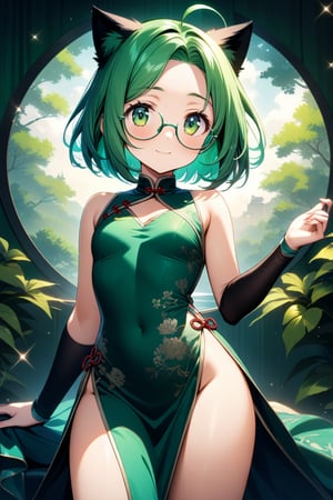 Vibrant 8K CG masterpiece: a mesmerizing shot of a 15-year-old girl with striking features. Her forehead and ahoge are set against a backdrop of lush green hair styled in a chic bob cut. Tareme and round glasses accentuate her curious expression. Cat ears sprout from her head, adding to the whimsy. Green eyes sparkle as she flashes a warm smile. She wears a stunning side-slit Chinese dress in emerald hues, the fabric flowing elegantly around her curvaceous figure.