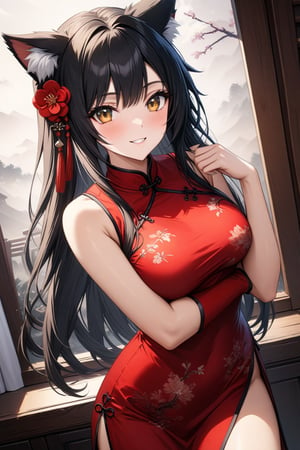 master piece, best quality, highly detailed, ultra detailed, more detail XL, extremely detailed CG unity 8k wallpaper, 
1 woman, 22 years old, smile, cat ears, red Chinese dresses, pelvic curtain,,black hair, long hair, 