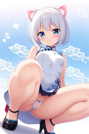 master piece, best quality, highly detailed, ultra detailed, more detail XL, extremely detailed CG unity 8k wallpaper, 
1 girl, cute, kawaii, 9 years old, cat ears, white hair, bob cut, blue eyes, 
white Chinese dress, micro skirt, looking at viewer ,from below, squatting,