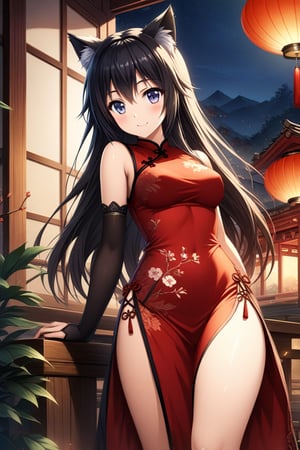 master piece, best quality, highly detailed, ultra detailed, more detail XL, extremely detailed CG unity 8k wallpaper, 
1 woman, 22 years old, smile, cat ears, red Chinese dresses, pelvic curtain,,black hair, long hair, 
night time, 
Mid-Autumn Harvest Moon