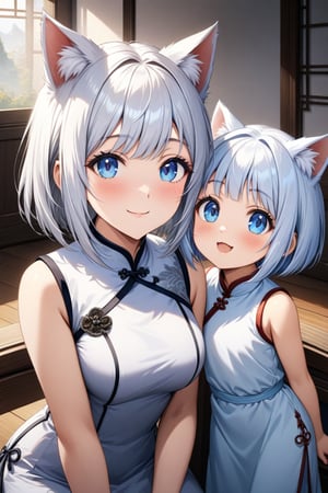 master piece, best quality, highly detailed, ultra detailed, more detail XL, extremely detailed CG unity 8k wallpaper,  cat ears, white hair, bob cut, blue eyes, 
white Chinese dresses, very happy smile, 
daughter_and_mother, daughter is 9 years old, mother is 30 years old, looking at viewer, 