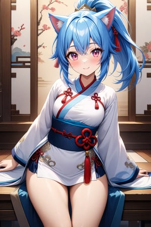 master piece, best quality, highly detailed, ultra detailed, more detail XL, extremely detailed CG unity 8k wallpaper, 
1 woman, 20 years old, cute, cat ears, pink eyes, blue hair, medium hair, ponytail, white Chinese traditional clothes, microskirt, smile,