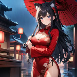 master piece, best quality, highly detailed, ultra detailed, extremely CG unity 8k wallpaper,1 woman, 22 years old, smile, cat ears, red Chinese dresses, pelvic curtain, long sleeves,black hair, long hair, cleavage cutout, rainy night,oriental_umbrella, ((hold an umbrella)),umbrella